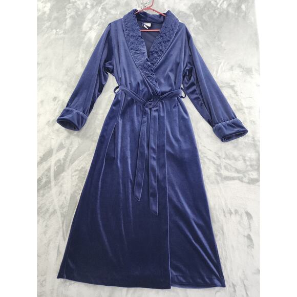 Vintage 80s Amanda Stewart Embroidered Velvet Long Wrap Robe Size M Blue Pockets - Picture 1 of 9